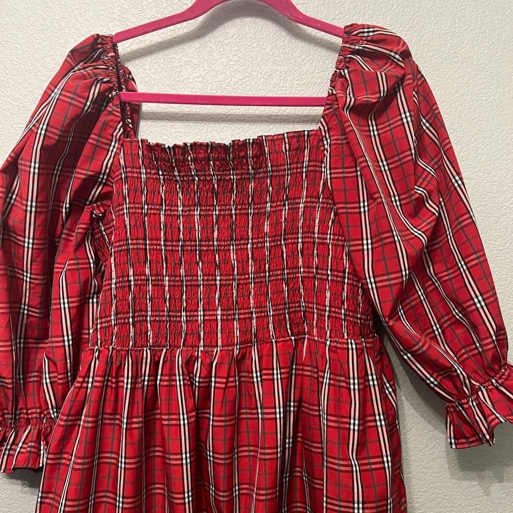 Festive Plaid Smocked Midi Dress with Puff Sleeves in Red - Picture 2 of 8